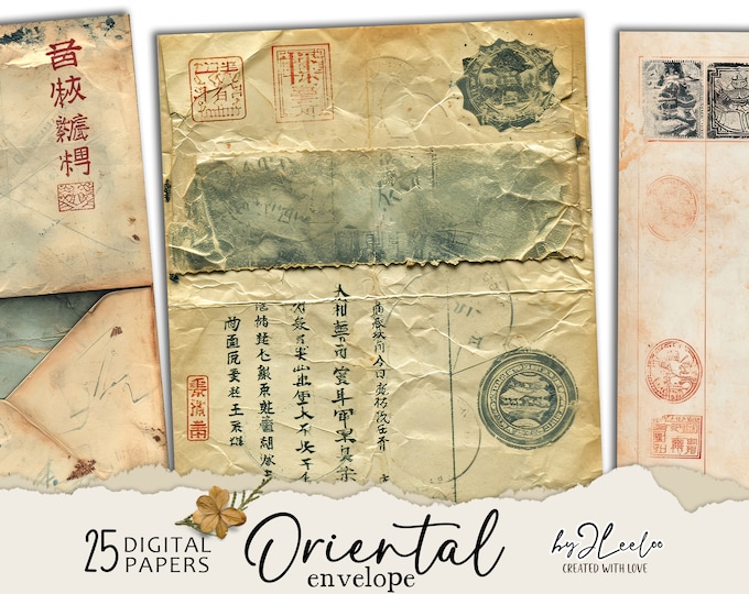 ORIENTAL ENVELOPE fake vintage documents | Junk Journal pages old parcels background Distressed grungy card antique digital ephemera | pp702