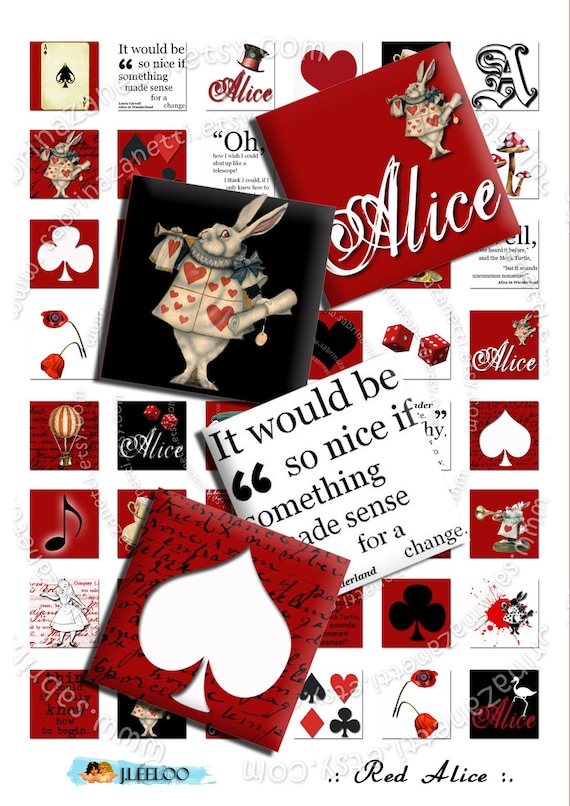 Digital sheet RED ALICE 1x1 inch wonderland quote white rabbit for jewellery pendant clipart magnet instant download printable qu193