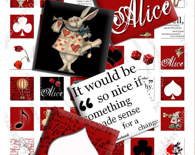Digital sheet RED ALICE 1x1 inch wonderland quote white rabbit for jewellery pendant clipart magnet instant download printable qu193