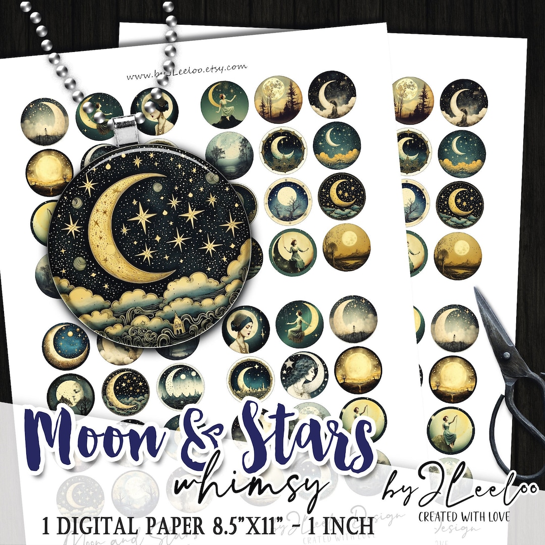 MOON and STARS 1 Inch Circle Printable Bottle Caps Stickers for ...