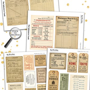 May include: A selection of vintage ephemera, such as receipts, tickets, and labels. The image showcases various paper documents with handwritten text, stamps, and graphics. The documents are 21.59 x 27.94 cm and are available as individual PNG files.