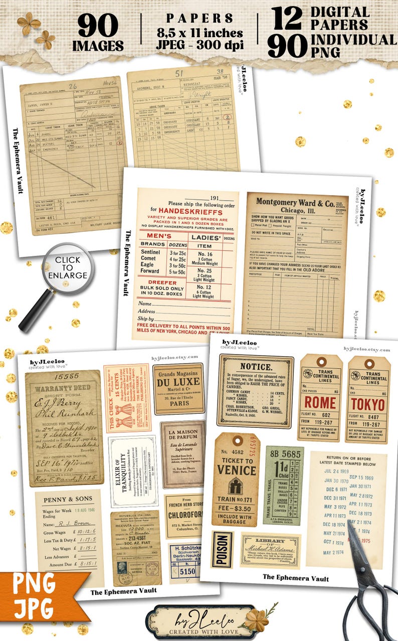 May include: A selection of vintage ephemera, such as receipts, tickets, and labels. The image showcases various paper documents with handwritten text, stamps, and graphics. The documents are 21.59 x 27.94 cm and are available as individual PNG files.