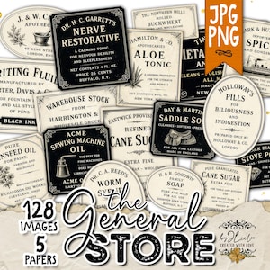 May include: A selection of vintage apothecary and general store labels with text including "Nerve Restorative," "Writing Fluid," and "Cane Sugar." The image also features the text "The General Store," and "128 Images 5 Papers."