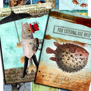 POISSON ET MER imprimable steampunk animal marin sirène collage numérique aceo Téléchargement instantané journalisation fond de carte de voeux ac140