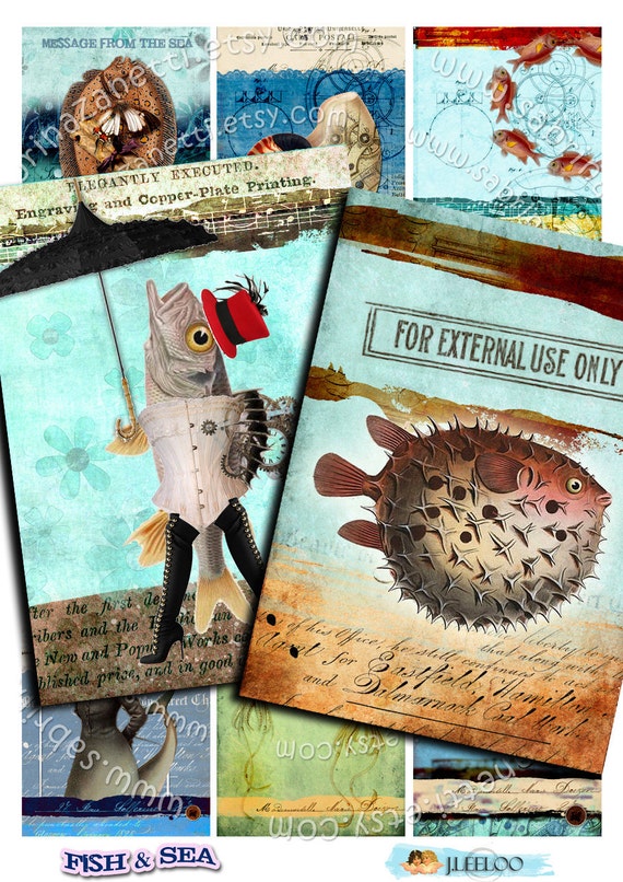 FISH AND SEA printable steampunk sea animal mermaid digital collage aceo instant download journaling greeting card background ac140