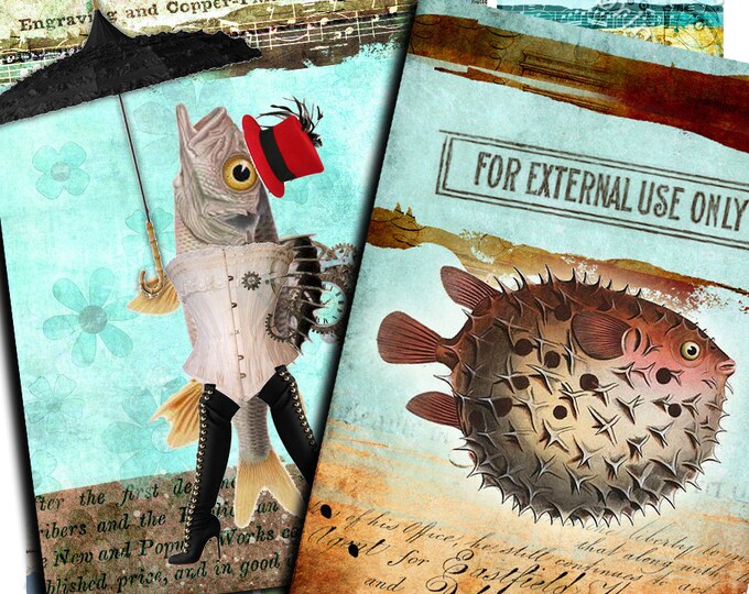 FISH AND SEA printable steampunk sea animal mermaid digital collage aceo instant download journaling greeting card background ac140