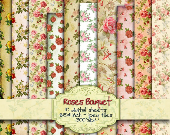 ROSE BOUQUET 10 large flower shabby chic digital paper Digital collage for scrapbook embellishment printable instant download pp179