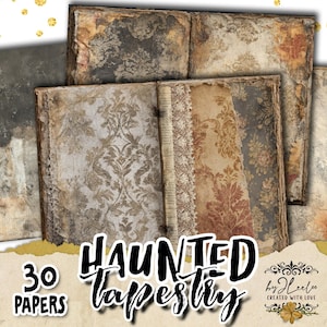 Puede incluir: Una colección de papeles de estilo vintage con bordes desgastados y texturas envejecidas. Los papeles presentan patrones florales y damascados en tonos apagados de marrón, beige y gris. El texto "HAUNTED TAPESTRY" y "30 PAPERS" son visibles.