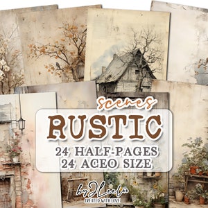 RUSTIC SCENES pół strony | Miękki cottagecore junk journal Materiały do mieszanych technik aceo do druku | Romantyczny kolaż z kartek papierowych | pp729