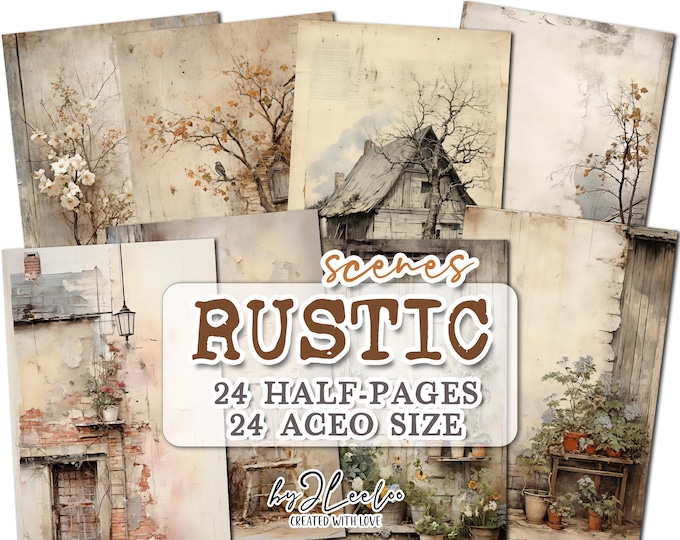 RUSTIC SCENES half pages | Soft cottagecore junk journal Mixed Media supplies aceo printable | Romantic paper card collage diary | pp729