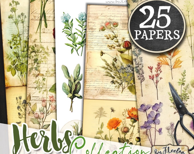 HERBS collection Journal KIT vintage romantic shabby chic papers diy vintage ephemera diary printable collage sheets | pp609