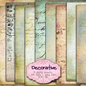 May include: Nine digital paper sheets in A4 size with a vintage aesthetic. The papers feature faded colors, handwritten text, and floral patterns. The papers are 300 dpi.