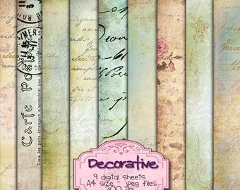 DECORATIVE 9 large handwriting patterned paper Digital collage sheets background for scrapbook instant download pp184