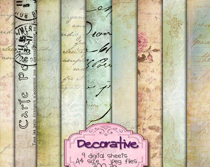 DECORATIVE 9 large handwriting patterned paper Digital collage sheets background for scrapbook instant download pp184