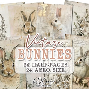 VINTAGE BUNNIES pół strony wydruku do dziennika śmieci wiosennych Techniki mieszane | Wielkanocne wiosenne przybory malarskie kartka kolaż dziennik artykuły piśmiennicze | pp733