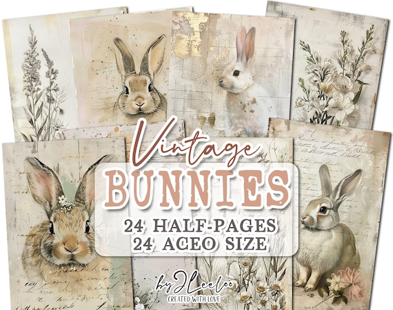 VINTAGE BUNNIES half pages print for spring junk journal Mixed Media | Easter spring painting supplies card collage diary stationery | pp733