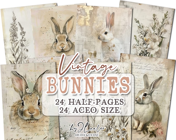 VINTAGE BUNNIES half pages print for spring junk journal Mixed Media | Easter spring painting supplies card collage diary stationery | pp733