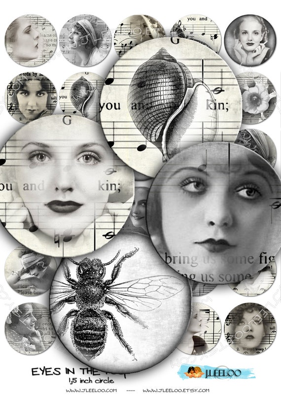 Digital collage EYES in THE FOG 1.5 inch circle black white raven romantic for pendant clipart magnet instant download printable tn186