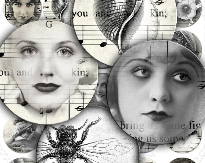 Digital collage EYES in THE FOG 1.5 inch circle black white raven romantic for pendant clipart magnet instant download printable tn186