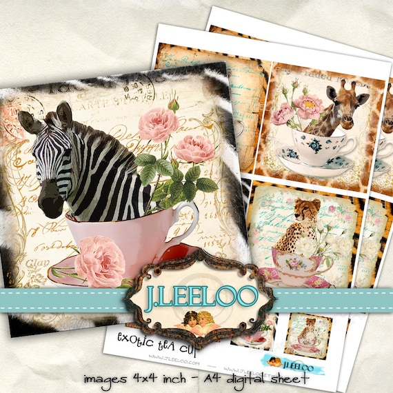 Digital print EXOTIC TEA CUP 4x4 inch hang tag wild animal tiger jiraf coaster magnet instant download printable image tn376