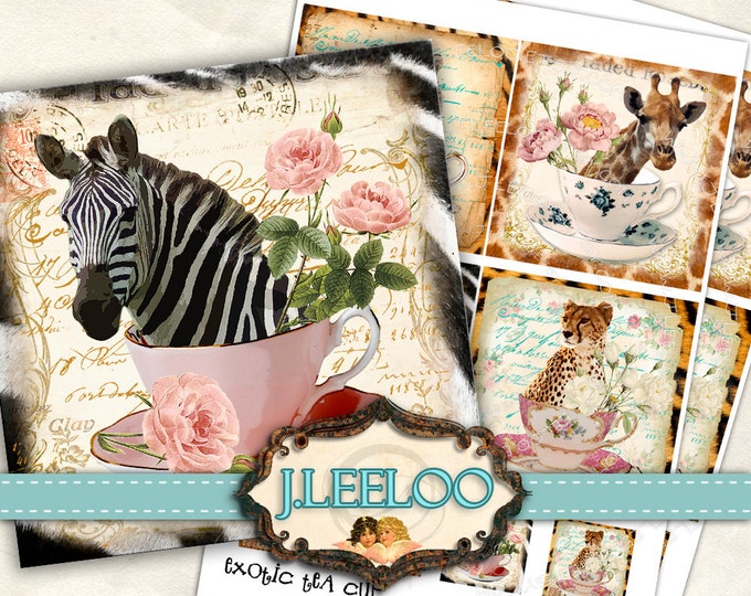 Digital print EXOTIC TEA CUP 4x4 inch hang tag wild animal tiger jiraf coaster magnet instant download printable image tn376