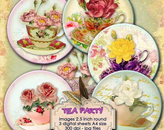 Digital collages TEA PARTY 2.5 inch circle tea cup sweet delicious for pendant magnet and craft instant download printable paper tn204