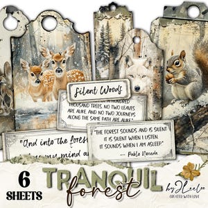 Etiquetas y etiquetas vintage para diario TRANQUIL FOREST / Efímeras, animales salvajes del bosque, citas / Collage de Scrapbbok / Descarga digital / tl308