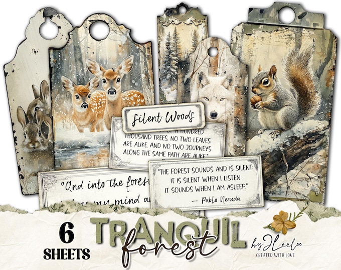 TRANQUIL FOREST vintage label and tag journal supplies | Ephemera Forest Wild Animals Quote | Scrapbbok collage | Digital download | tl308