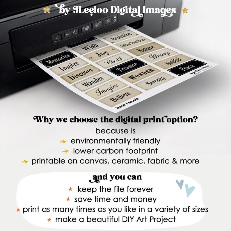 May include: A black printer printing a sheet of paper with rectangular labels. The labels have words like "Memories", "Inspire", and "Treasure". The image also includes text about digital printing benefits.