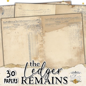 Może przedstawiać: Stos zabytkowych papierów księgowych o postarzonej, zniszczonej fakturze. Papiery zawierają wyblakłe niebieskie ślady atramentu, odręczne notatki i postrzępioną krawędź. Widoczny jest tekst "the Ledger Remains" i "30 Papers". Papiery mają odcień sepii.