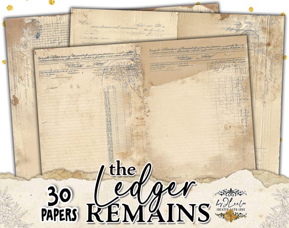 THE LEDGER REMAINS vintage light ledger journal pages, soft aged archival papers for junk journal & collage mixed media scrapbook | ppK22