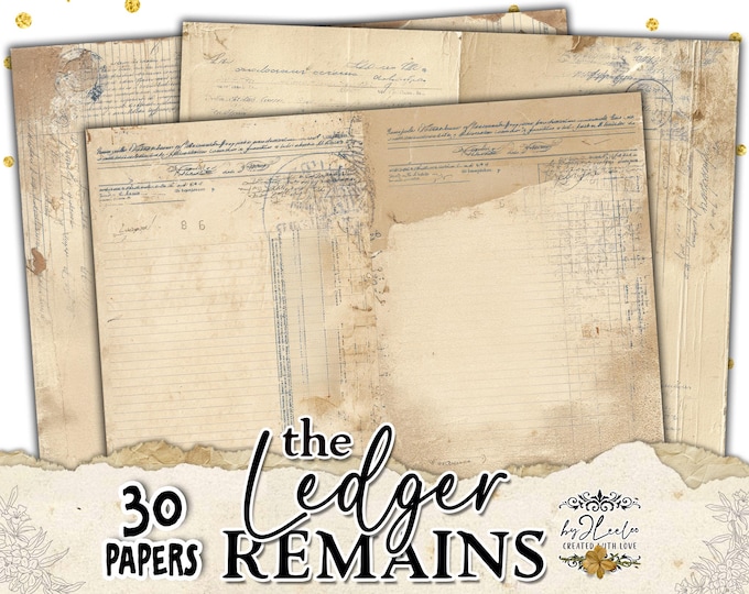 THE LEDGER REMAINS vintage light ledger journal pages, soft aged archival papers for junk journal & collage mixed media scrapbook | ppK22