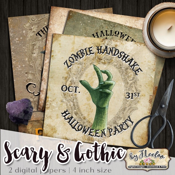 SCARY & GOTHIC 4x4 inch digital Halloween printable invitation vintage images for coasters scrapbooking diary grunge ephemera qu540