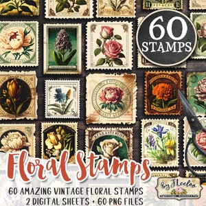 K&ouml;nnte beinhalten: Ein digitaler Download von 60 Vintage-Blumenmarken. Die Briefmarken sind in verschiedenen Farben gehalten und zeigen verschiedene Blumensorten. Der Text "60 AMAZING VINTAGE FLORAL STAMPS" und "2 DIGITAL SHEETS + 60 PNG FILES" befindet sich am unteren Rand des Bildes.