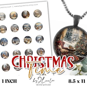 KERSTTIJD Afdrukbaar op 1 inch | Feestdagen Landschap Retro Victoriaanse ronde hangers Folk-omlijsting trays glazen cabochon bevestigingen camee | tn824