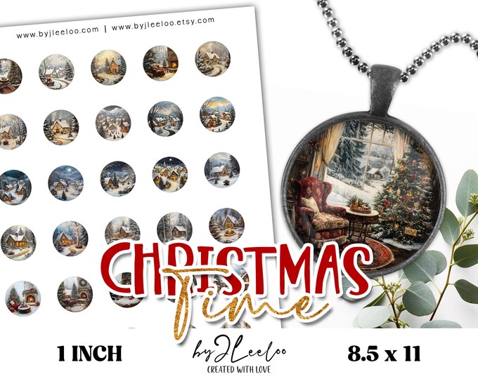 CHRISTMAS TIME 1 inch printable | Holidays Landscape Retro Victorian round pendants Folk bezel trays glass cabochon mountings cameo  | tn824
