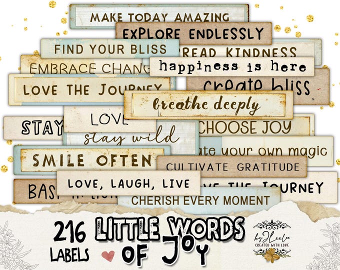 LITTLE WORDS of JOY text labels | Vintage ephemera for junk journal & scrapbook | Printable instant download for crafts and cards | tl316