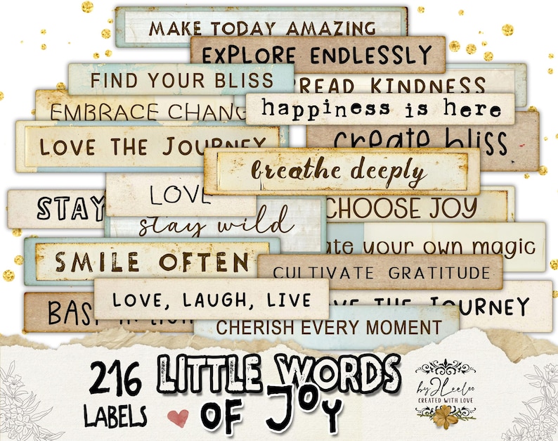 Puede incluir: Una colecci&oacute;n de 216 etiquetas coloridas con palabras y frases inspiradoras como "Haz que hoy sea incre&iacute;ble", "Explora sin fin", "Encuentra tu felicidad", "Lee la amabilidad", "La felicidad est&aacute; aqu&iacute;", "Ama el viaje", "Mantente salvaje", "Sonr&iacute;e a menudo", "Ama, r&iacute;e, vive", "Atesora cada momento", y "Crea felicidad".
