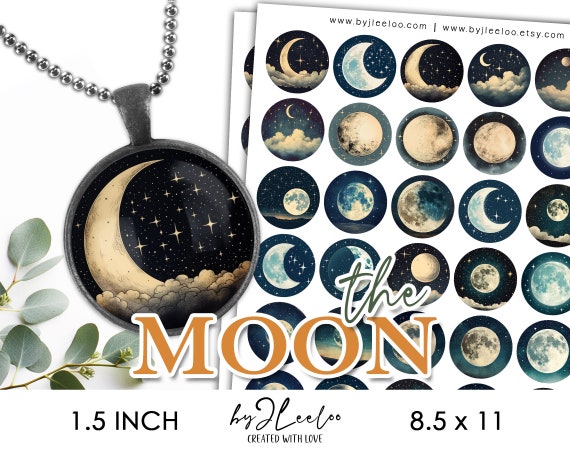 THE MOON 1.5 inch printable illustration starry night | supplies round pendant, bezel trays, glass cabochon mounting, cameo setting | tn735