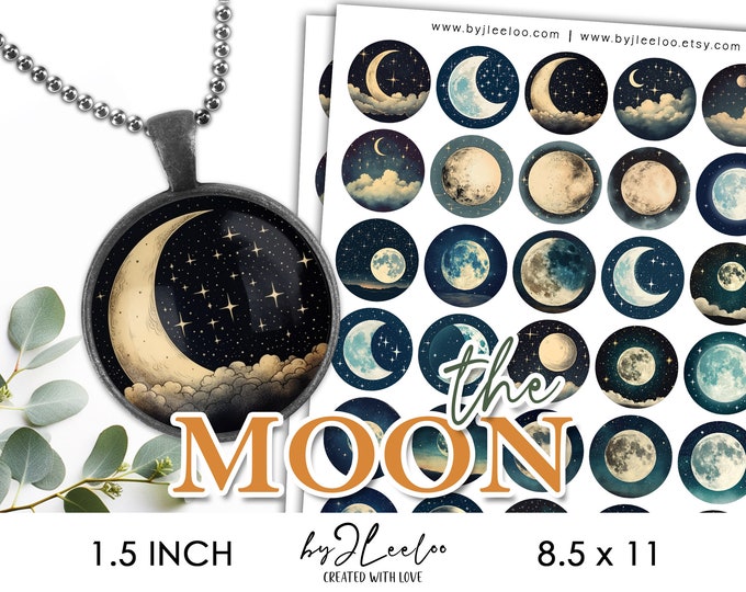 THE MOON 1.5 inch printable illustration starry night | supplies round pendant, bezel trays, glass cabochon mounting, cameo setting | tn735