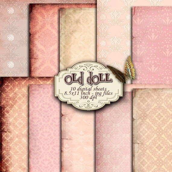 OLD DOLL 10 large digital pink damask papers scrapbook collage sheet instant download digital print printable paper goods pp225