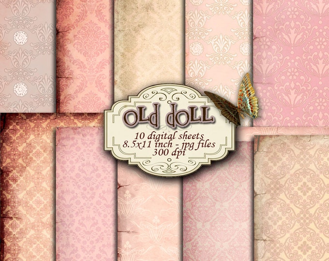 OLD DOLL 10 large digital pink damask papers scrapbook collage sheet instant download digital print printable paper goods pp225