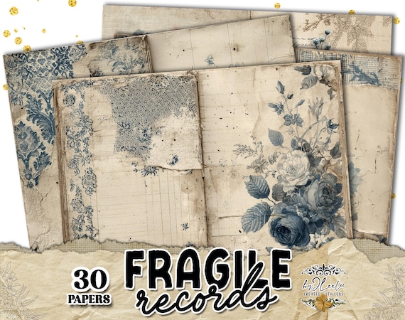 FRAGILE RECORDS Vintage Junk Journal Double Page Papers, Faded Archival Collage Backgrounds, Blue Toned | ppK34