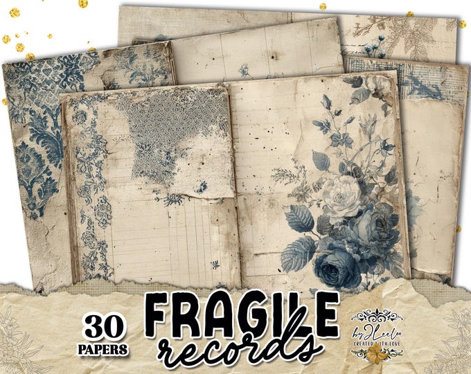 FRAGILE RECORDS Vintage Junk Journal Double Page Papers, Faded Archival Collage Backgrounds, Blue Toned | ppK34