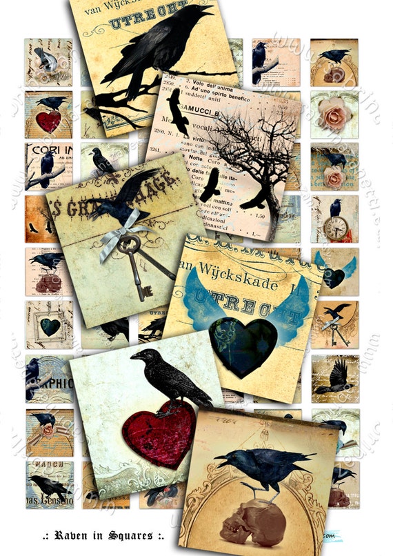 Digital sheet RAVEN IN SQUARES 1x1 inch love dark heart black crow for jewellery pendant clipart magnet instant download printable qu192