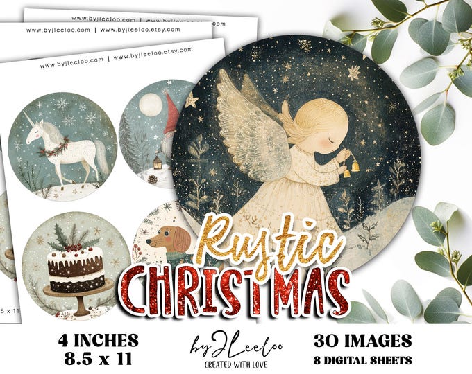 RUSTIC CHRISTMAS 4 inch circle | round digital for coaster decoration mirror magnet and craft instant download diy | Circle Labels | tn841