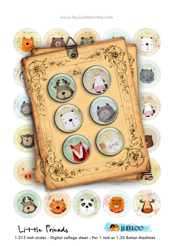 Digital printable LITTLE FRIEND 1.313 inch sheet button machine puppies dog pig fantasy Hand Drawn instant download printable tn538