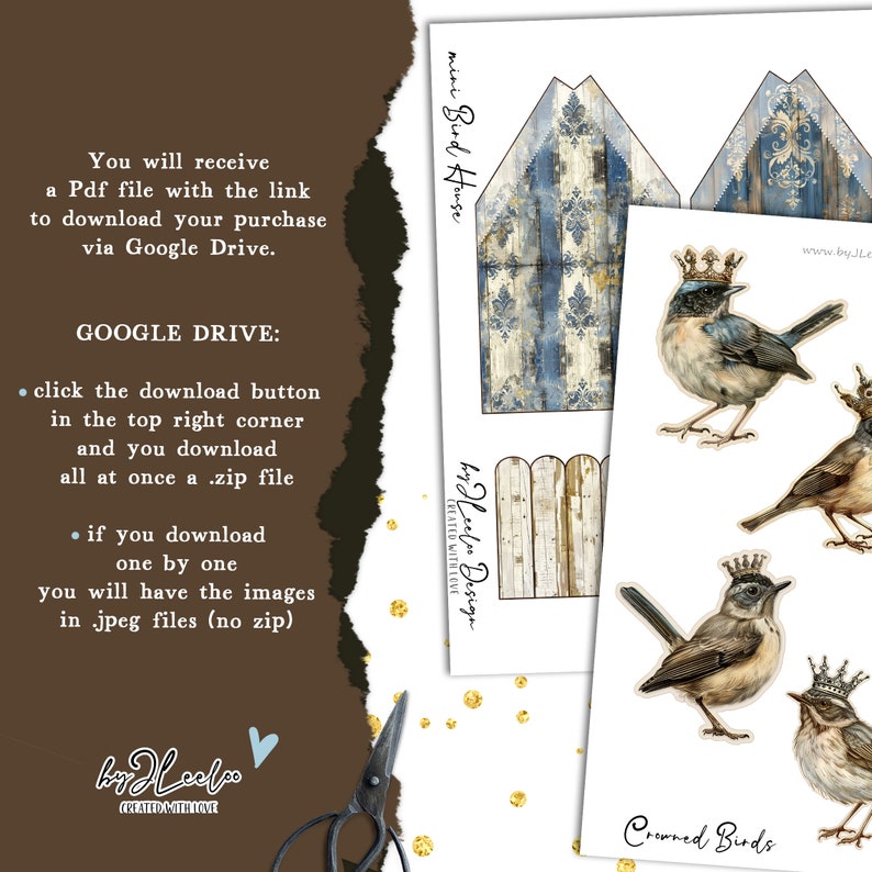 Może przedstawiać: Drukowany pakiet cyfrowego papieru z niebiesko-białym domkiem dla ptak&oacute;w, ogrodzeniem i czterema ptakami w koronach. Pakiet papieru nosi tytuł "mini Bird House" i "Crowned Birds".