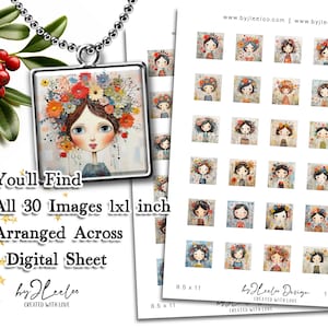 May include: A digital sheet with 30 images of girls with floral crowns. Each image is 1 inch square and arranged across the sheet. The sheet is 8.5 inches by 11 inches.
