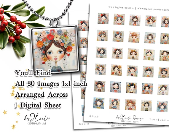 SPRING FOLK 1x1 inch print naive illustrations | digital supplies square pendant bezel trays glass cabochon mountings cameo settings | qu556